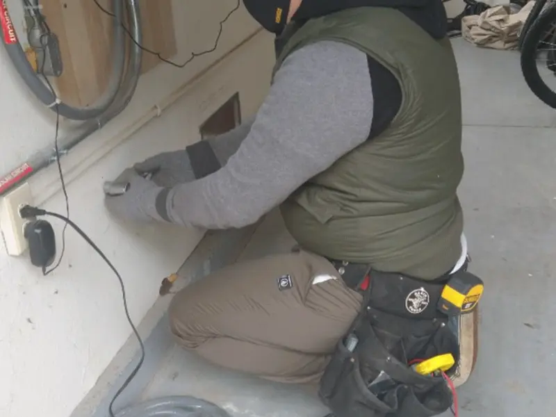 Electrician performing outlet wiring in a Helena Valley Northeast garage